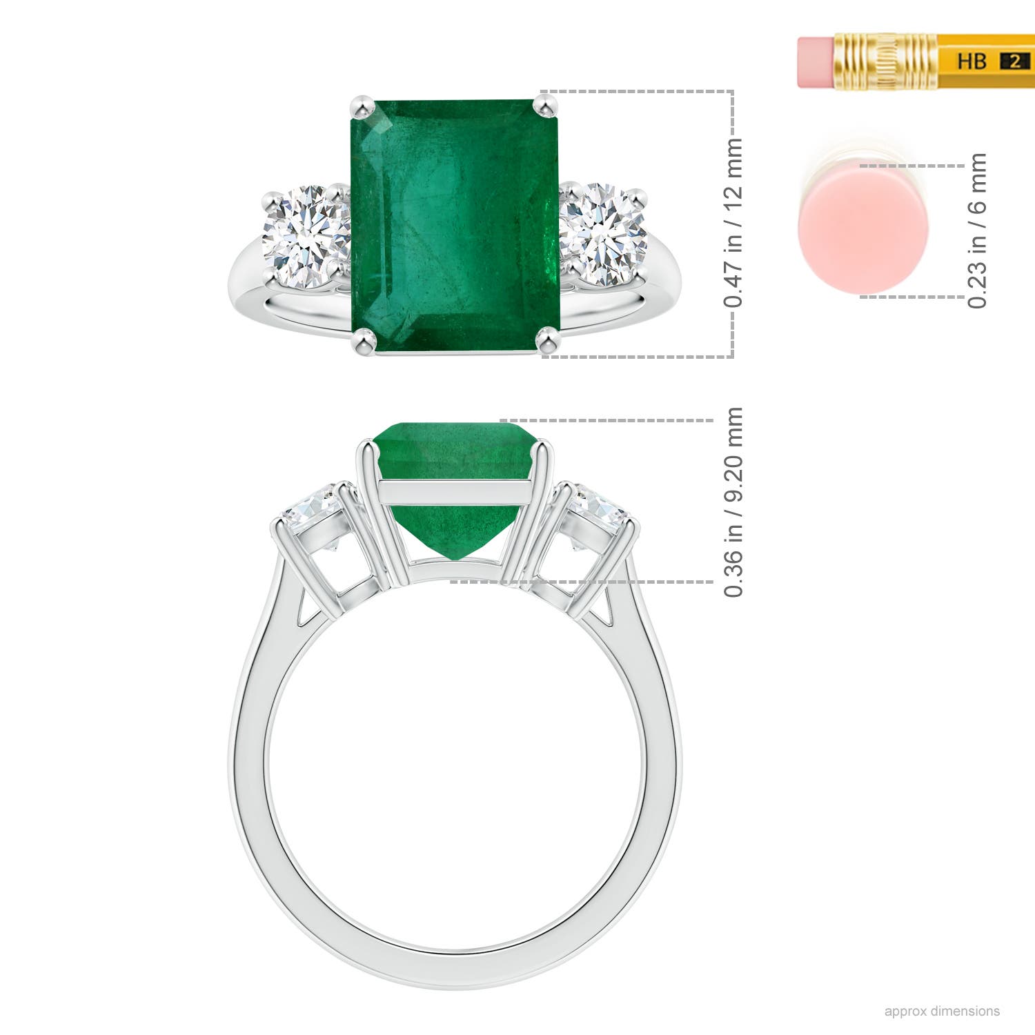 13.32x9.44x6.88mm AA GIA Certified Emerald-Cut Emerald Three-Stone Ring with Tapered Shank in White Gold - ruler