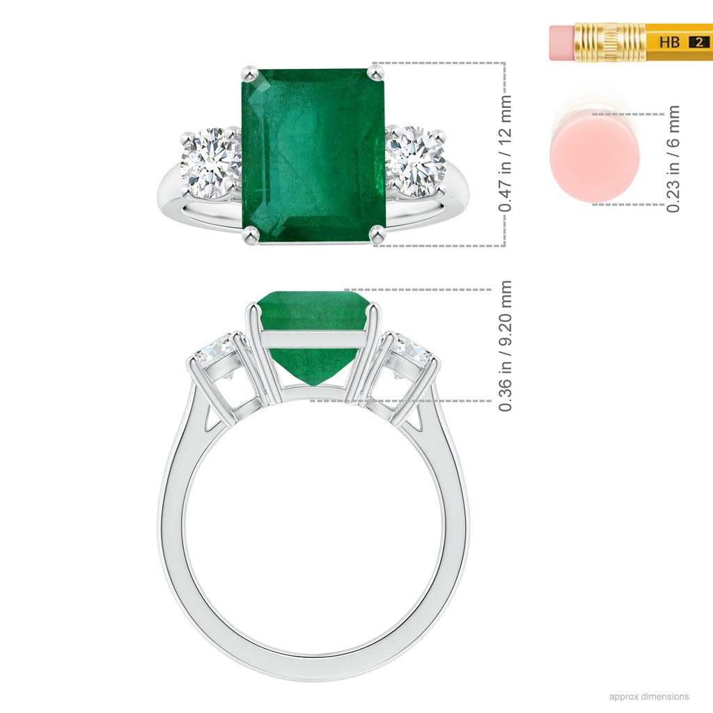 13.32x9.44x6.88mm AA GIA Certified Emerald-Cut Emerald Three-Stone Ring with Tapered Shank in White Gold ruler