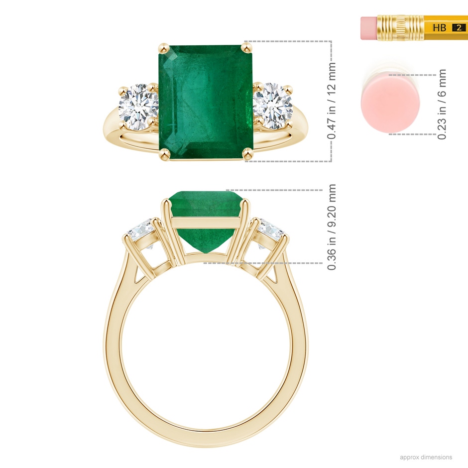 13.32x9.44x6.88mm AA GIA Certified Emerald-Cut Emerald Three-Stone Ring with Tapered Shank in Yellow Gold ruler