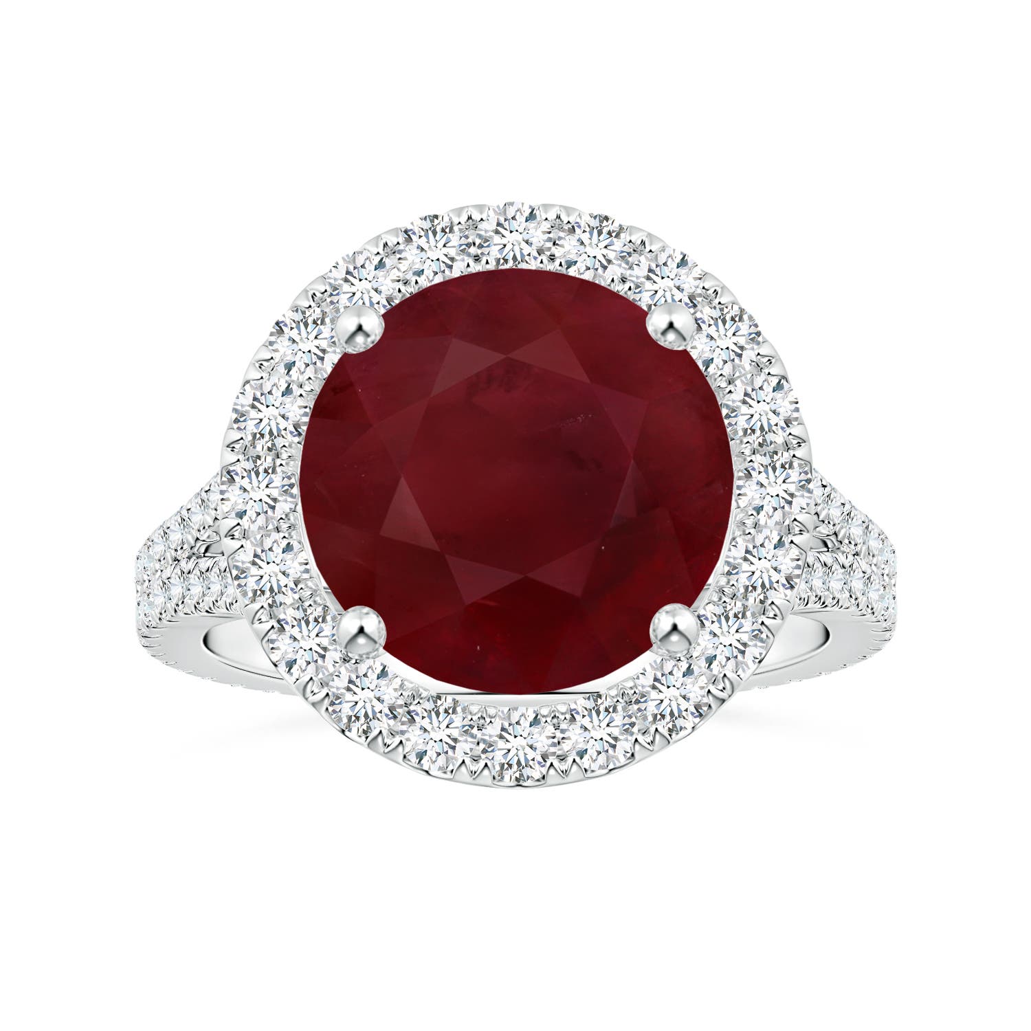 12.01x11.98x5.66mm AA GIA Certified Round Ruby Halo Split Shank Ring with Diamonds in P950 Platinum
