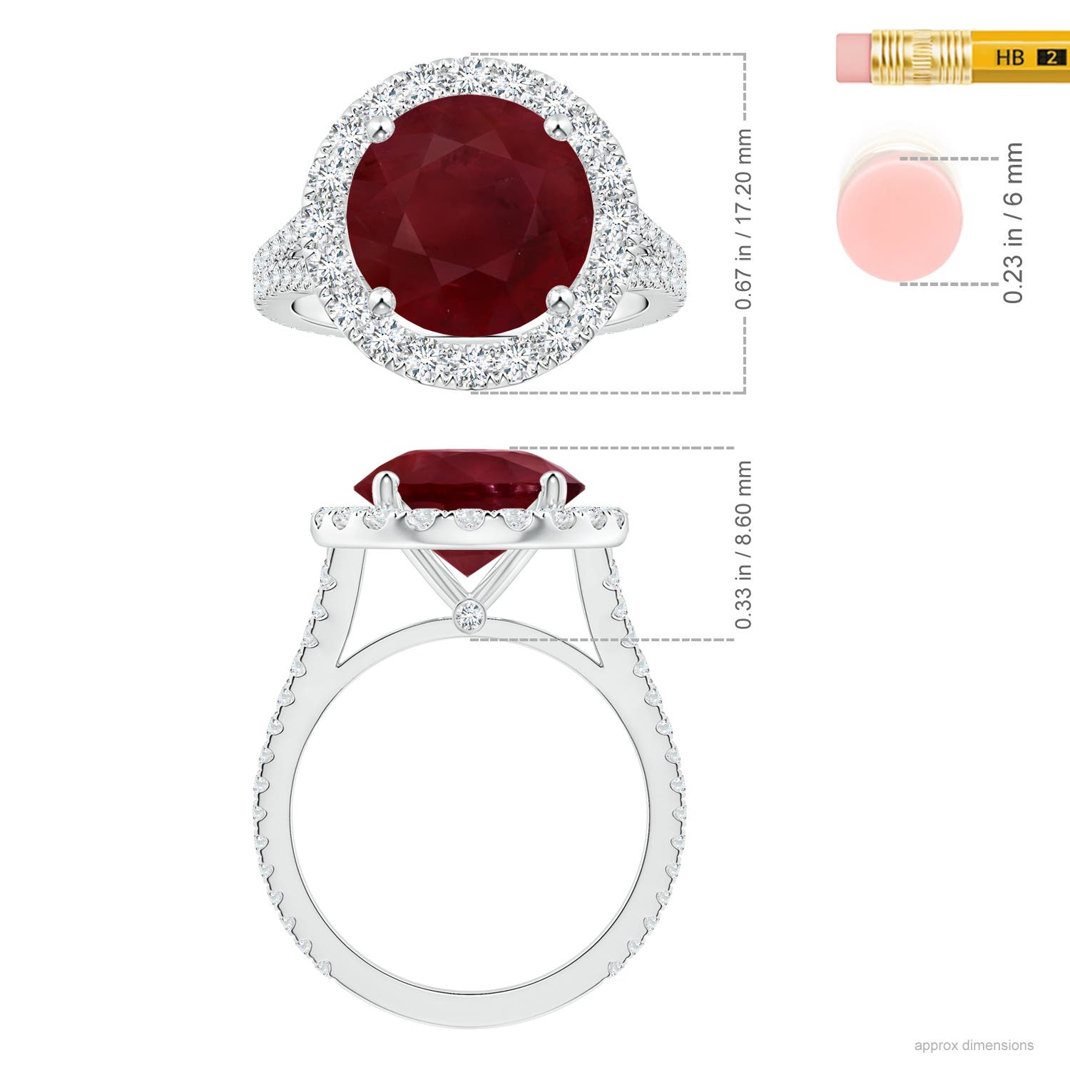 12.01x11.98x5.66mm AA GIA Certified Round Ruby Halo Split Shank Ring with Diamonds in White Gold - ruler