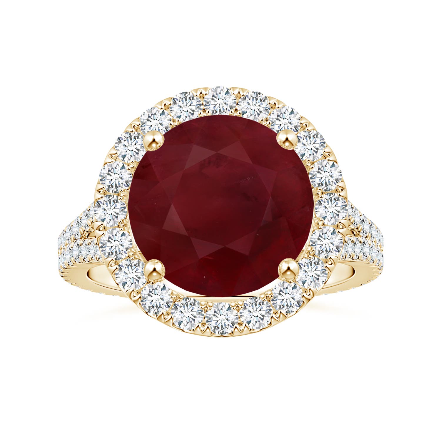 12.01x11.98x5.66mm AA GIA Certified Round Ruby Halo Split Shank Ring with Diamonds in Yellow Gold