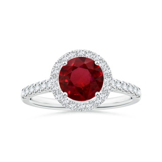 7.12x7.10x3.44mm AAAA GIA Certified Round Ruby Halo Ring with Diamond Accents in 18K White Gold