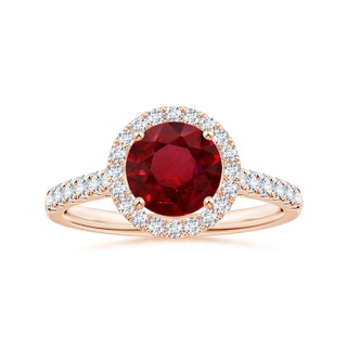 7.12x7.10x3.44mm AAAA GIA Certified Round Ruby Halo Ring with Diamond Accents in Rose Gold