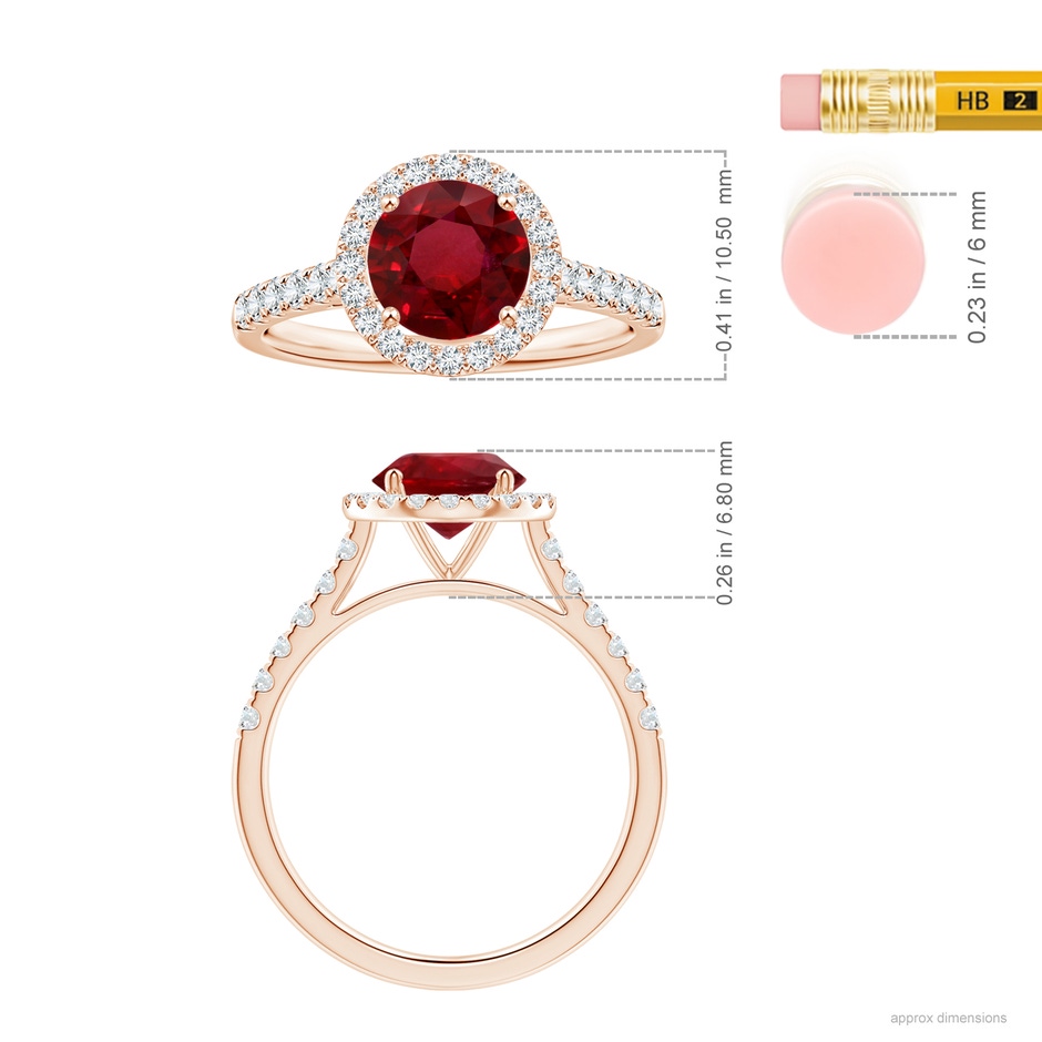 7.12x7.10x3.44mm AAAA GIA Certified Round Ruby Halo Ring with Diamond Accents in Rose Gold ruler