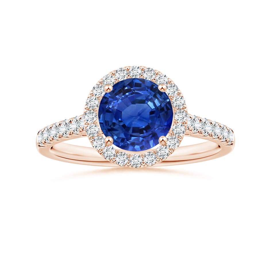 7.04x6.97x4.85mm AAA Round Blue Sapphire Halo Ring with Diamonds in Rose Gold 