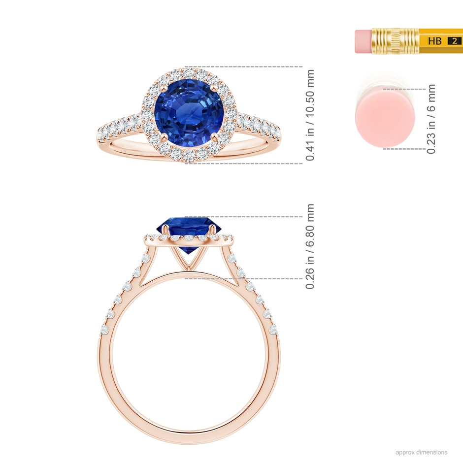 7.04x6.97x4.85mm AAA Round Blue Sapphire Halo Ring with Diamonds in Rose Gold ruler