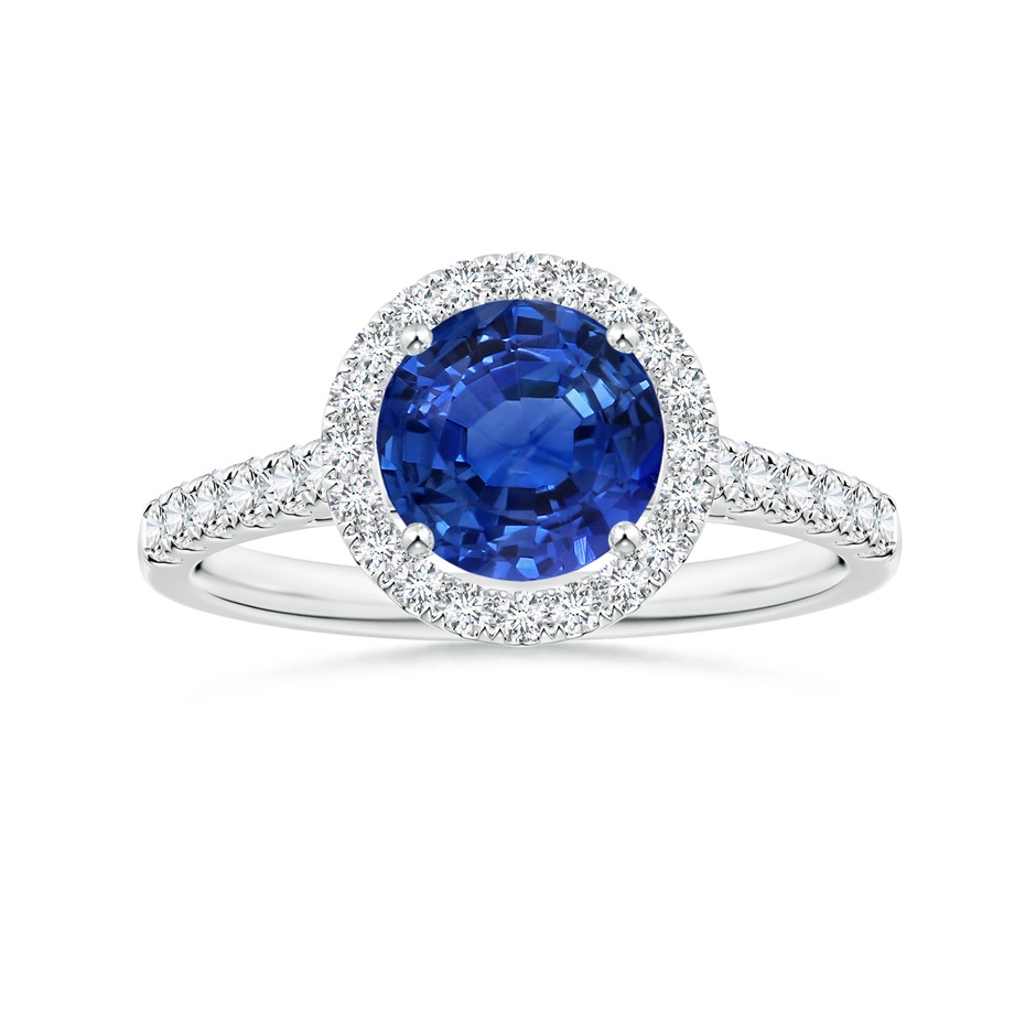 7.04x6.97x4.85mm AAA Round Blue Sapphire Halo Ring with Diamonds in White Gold 