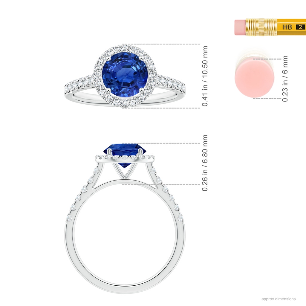 7.04x6.97x4.85mm AAA Round Blue Sapphire Halo Ring with Diamonds in White Gold ruler