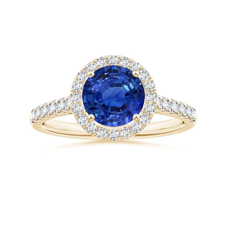 7.04x6.97x4.85mm AAA Round Blue Sapphire Halo Ring with Diamonds in Yellow Gold 