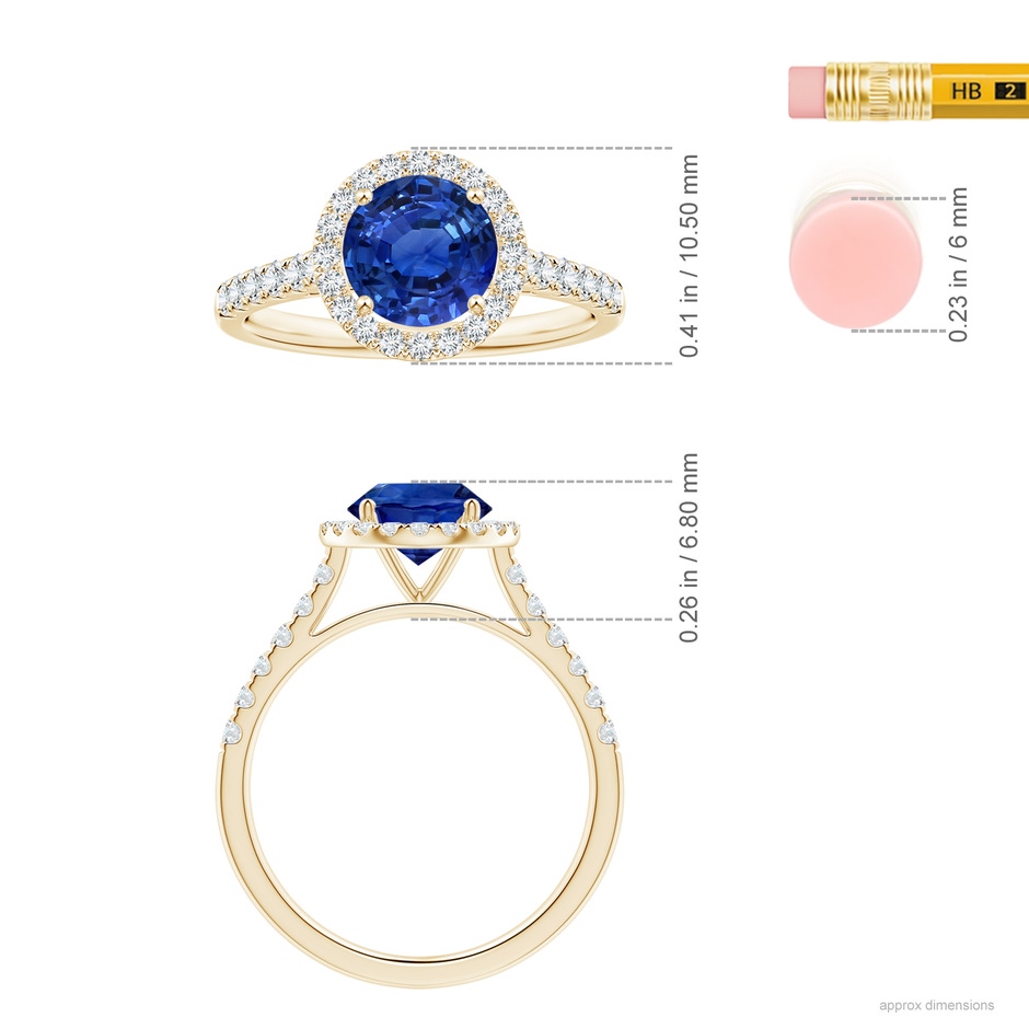 7.04x6.97x4.85mm AAA Round Blue Sapphire Halo Ring with Diamonds in Yellow Gold ruler