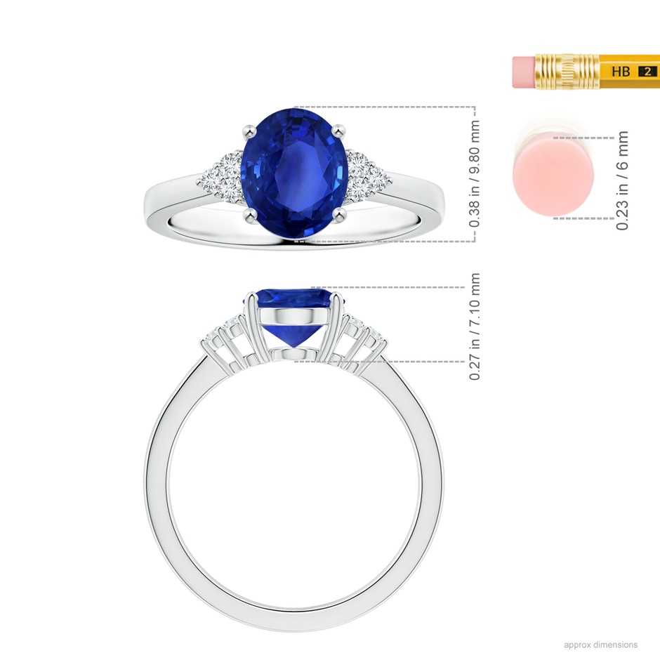 9.86x7.86x4.71mm AAA GIA Certified Oval Sapphire Reverse Tapered Shank Ring with Side Diamonds in 18K White Gold Ruler