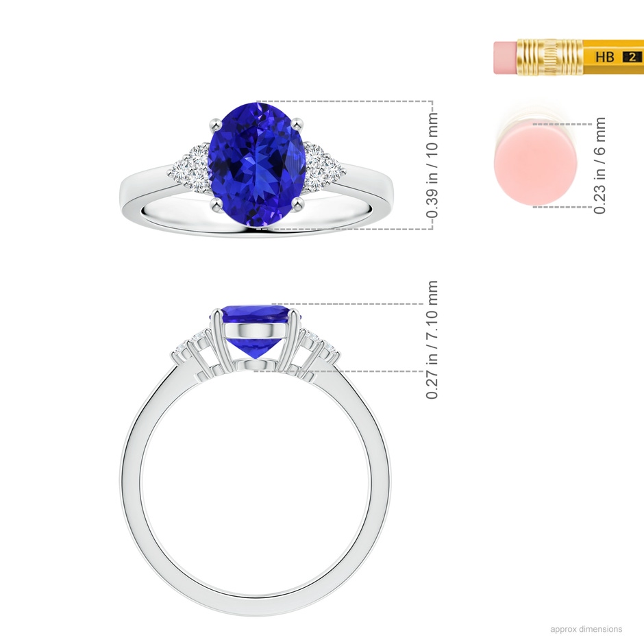 10.06x8.01x5.44mm AAAA GIA Certified Oval Tanzanite Reverse Tapered Shank Ring with Side Diamonds in White Gold ruler