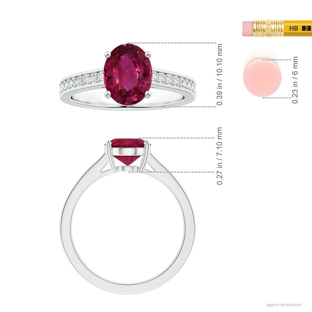 10.15x7.75x5.09mm AAA Prong-Set GIA Certified Oval Pink Sapphire Ring with Diamonds in 18K White Gold Ruler