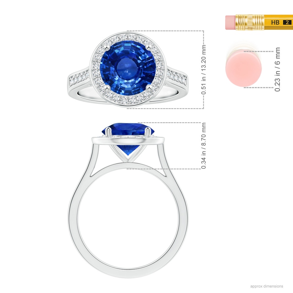 8.60x8.50x4.97mm AAA GIA Certified Round Blue Sapphire Ring with Diamond Halo in P950 Platinum Ruler