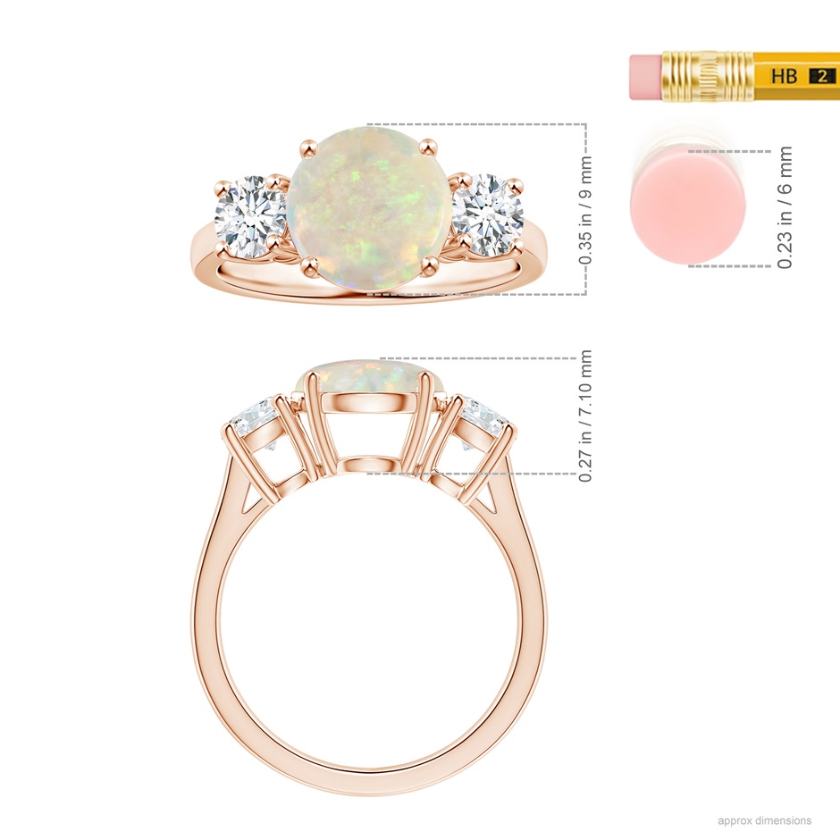 9.24x9.10x3.38mm AAA GIA Certified Round Opal Three Stone Ring with Reverse Tapered Shank in 9K Rose Gold ruler