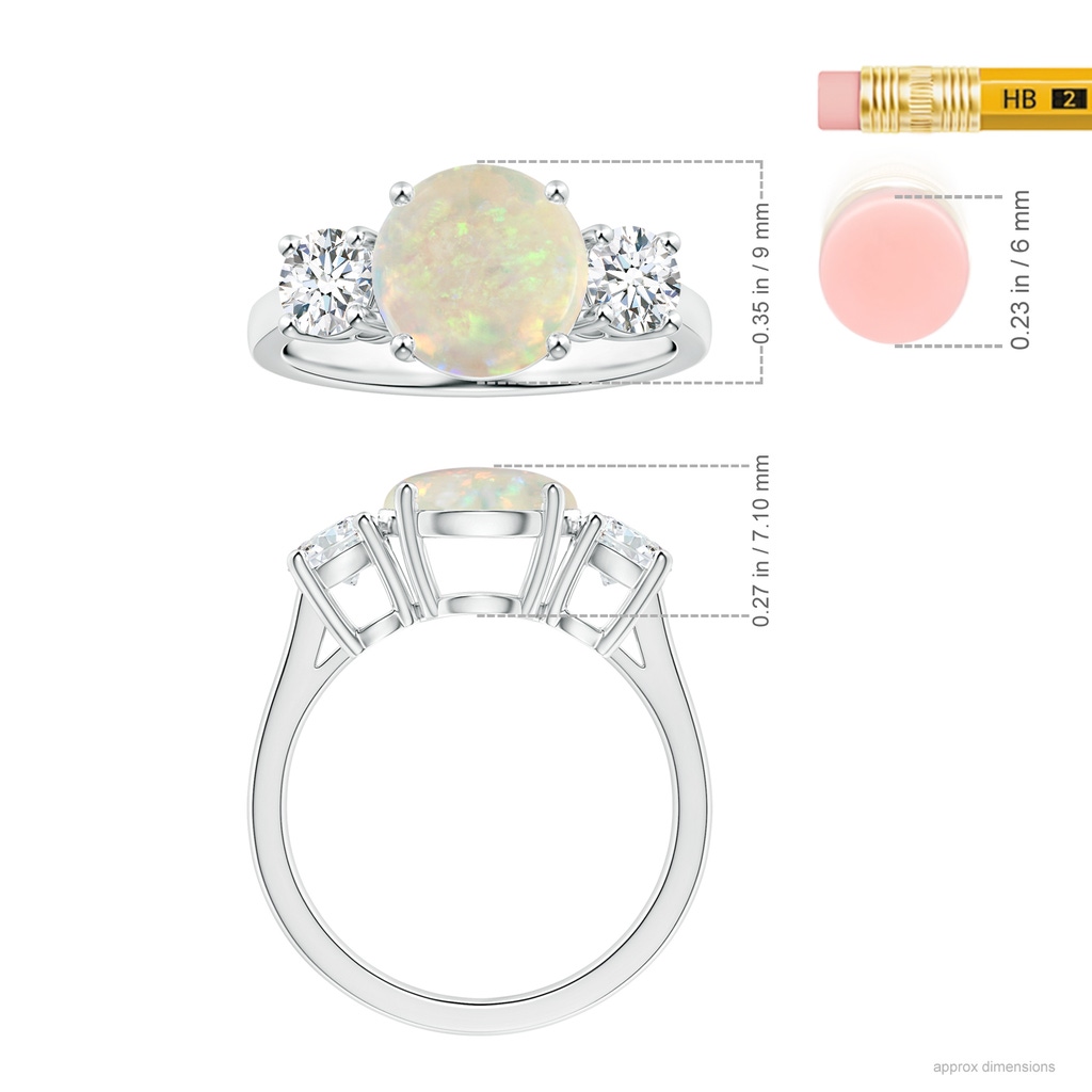 9.24x9.10x3.38mm AAA GIA Certified Round Opal Three Stone Ring with Reverse Tapered Shank in White Gold ruler
