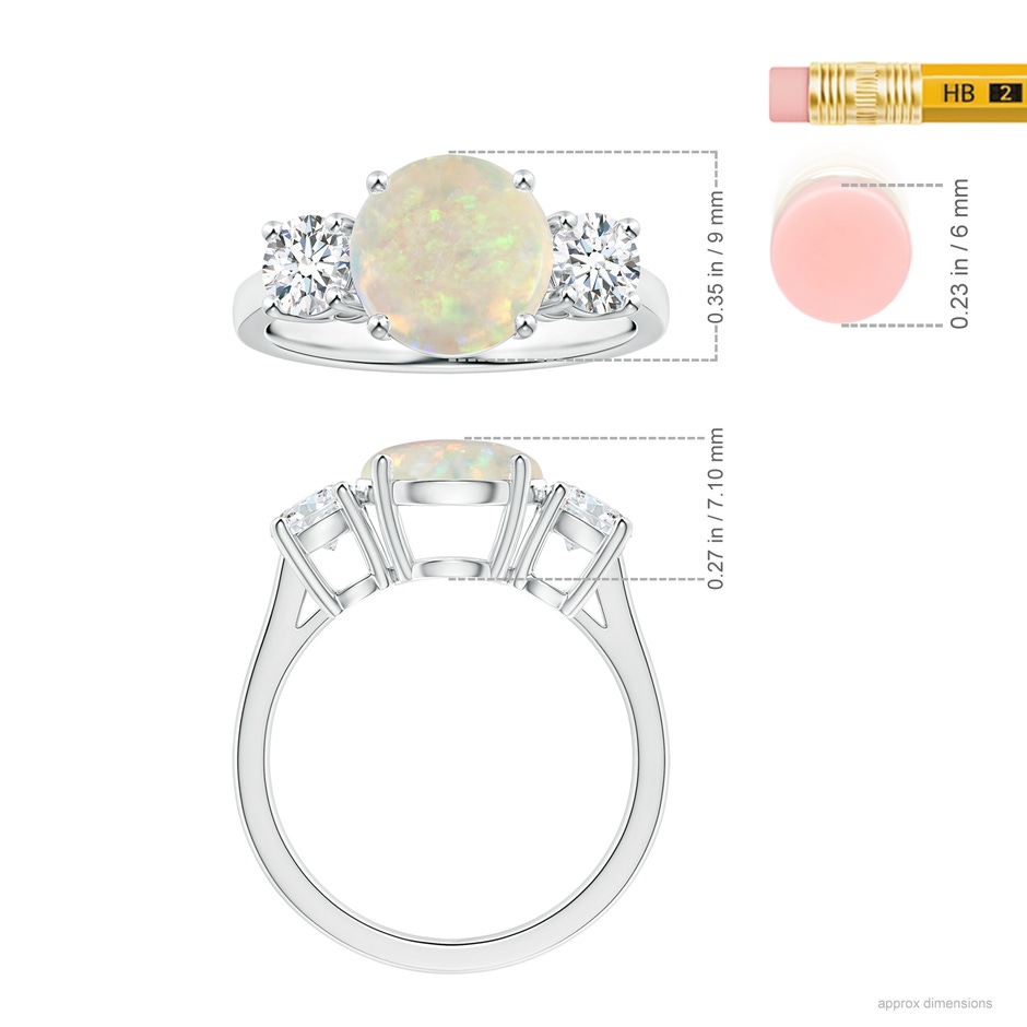 9.24x9.10x3.38mm AAA GIA Certified Round Opal Three Stone Ring with Reverse Tapered Shank in White Gold ruler