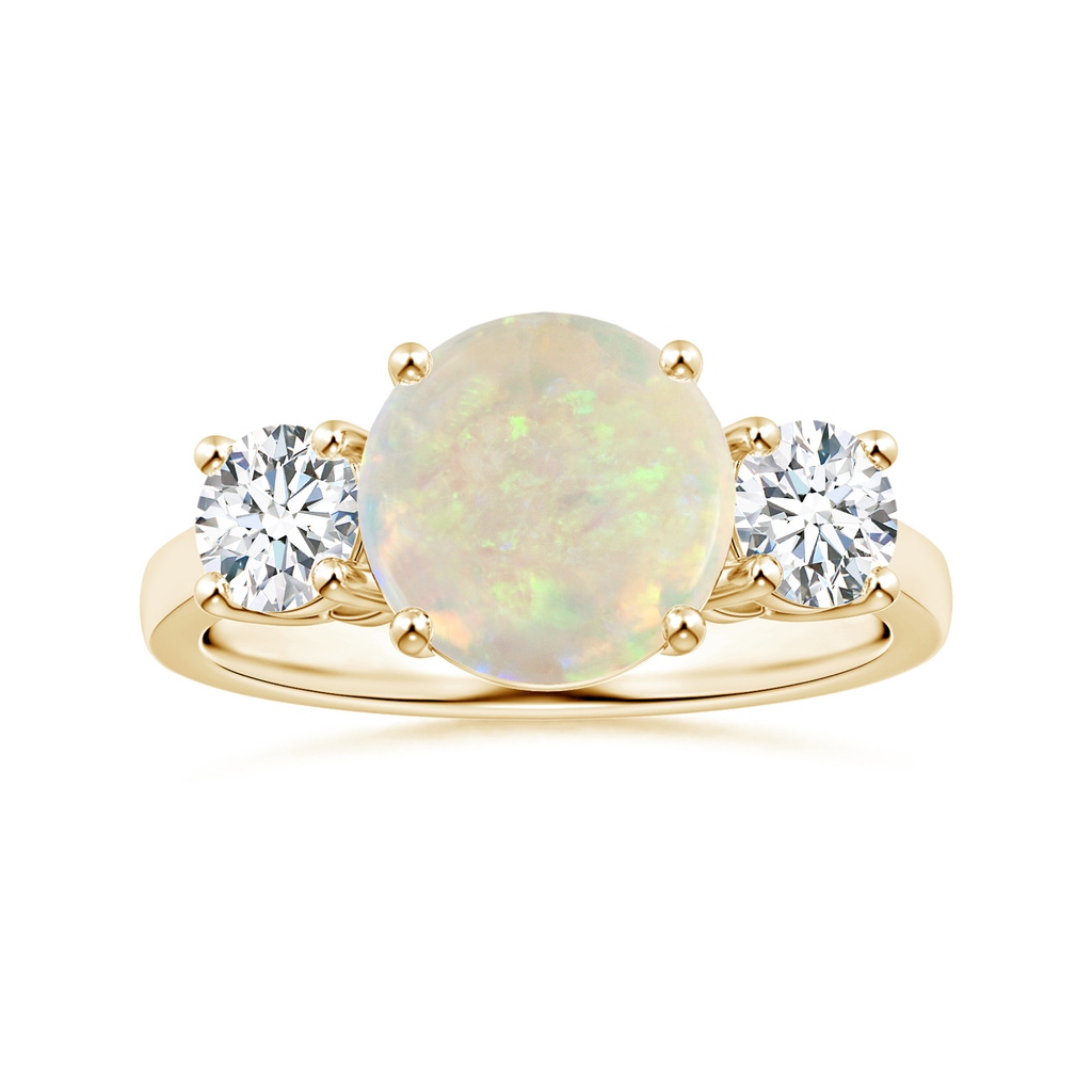 9.24x9.10x3.38mm AAA GIA Certified Round Opal Three Stone Ring with Reverse Tapered Shank in Yellow Gold
