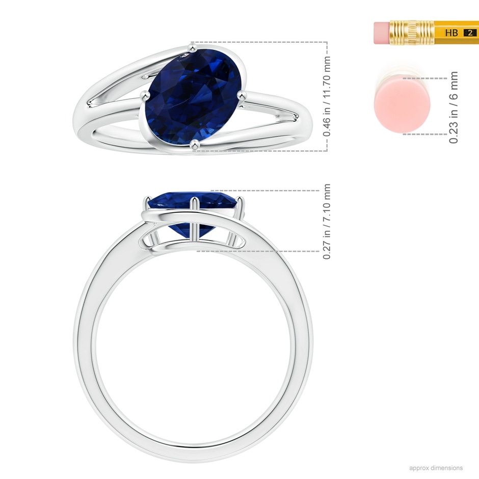 9.94x8.61x6.11mm AAA GIA Certified Tilted Oval Sapphire Solitaire Ring with Split Bypass Shank in 18K White Gold ruler