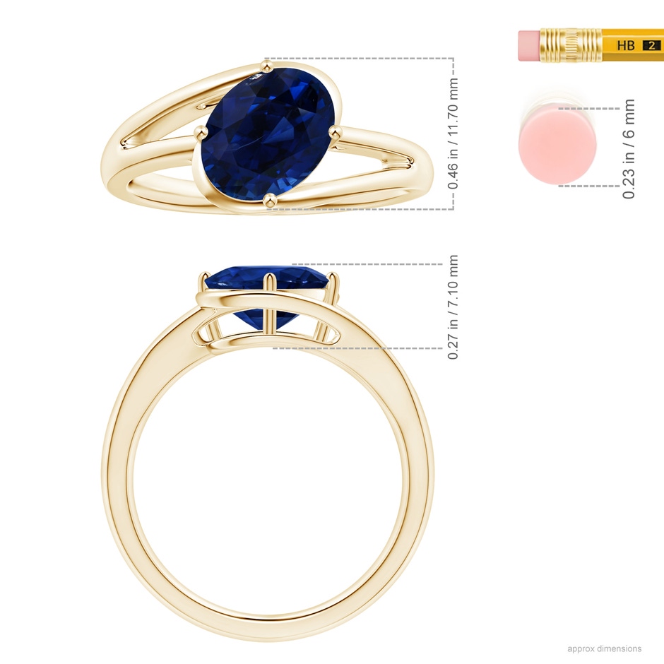 9.94x8.61x6.11mm AAA GIA Certified Tilted Oval Sapphire Solitaire Ring with Split Bypass Shank in Yellow Gold ruler