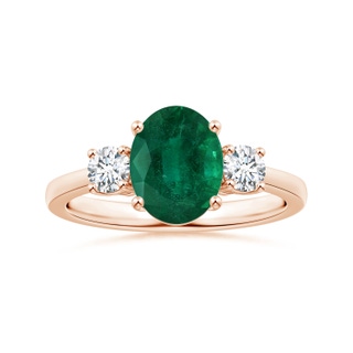 10.15x7.97x6.23mm AA Three Stone GIA Certified Oval Emerald Reverse Tapered Shank Ring with Diamonds in 10K Rose Gold