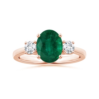 10.15x7.97x6.23mm AA Three Stone GIA Certified Oval Emerald Reverse Tapered Shank Ring with Diamonds in 18K Rose Gold