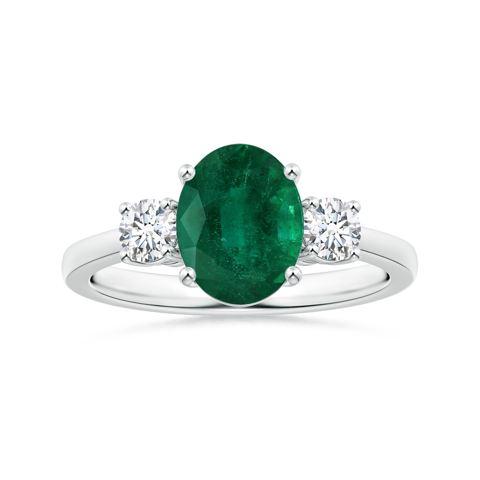 10.15x7.97x6.23mm AA Three Stone GIA Certified Oval Emerald Reverse Tapered Shank Ring with Diamonds in 18K White Gold 