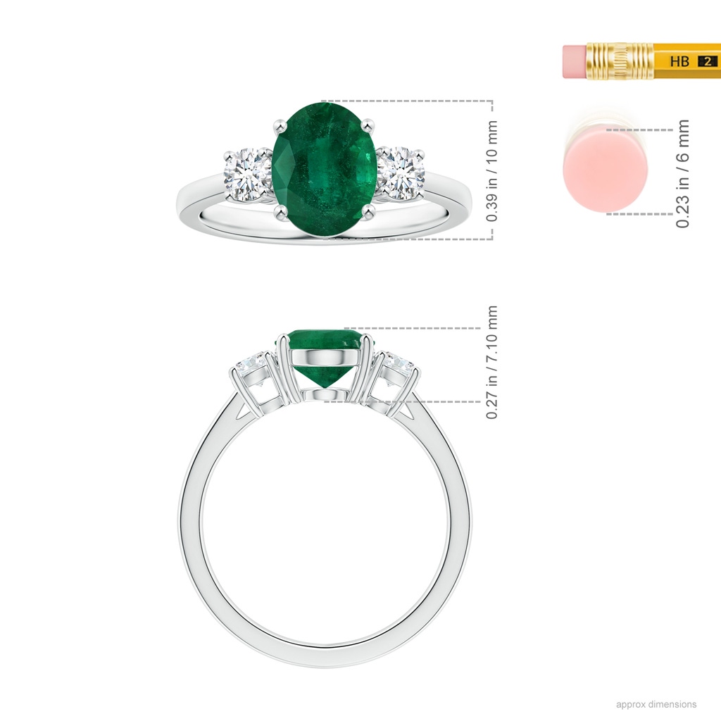 10.15x7.97x6.23mm AA Three Stone GIA Certified Oval Emerald Reverse Tapered Shank Ring with Diamonds in 18K White Gold ruler