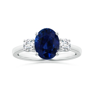 9.94x8.61x6.11mm AAA GIA Certified Oval Sapphire Three Stone Reverse Tapered Shank Ring with Diamonds in 18K White Gold