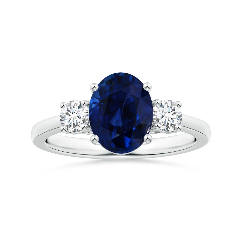 9.94x8.61x6.11mm AAA GIA Certified Oval Sapphire Three Stone Reverse Tapered Shank Ring with Diamonds in 18K White Gold 