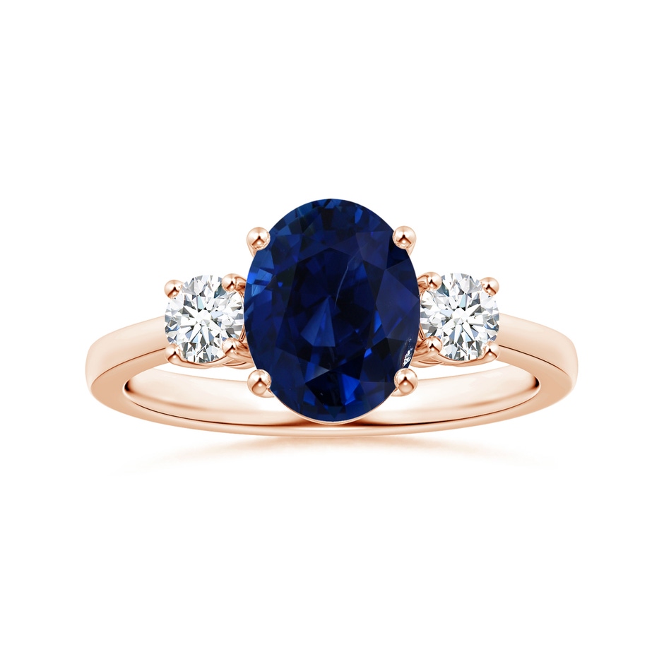 9.94x8.61x6.11mm AAA GIA Certified Oval Sapphire Three Stone Reverse Tapered Shank Ring with Diamonds in Rose Gold 