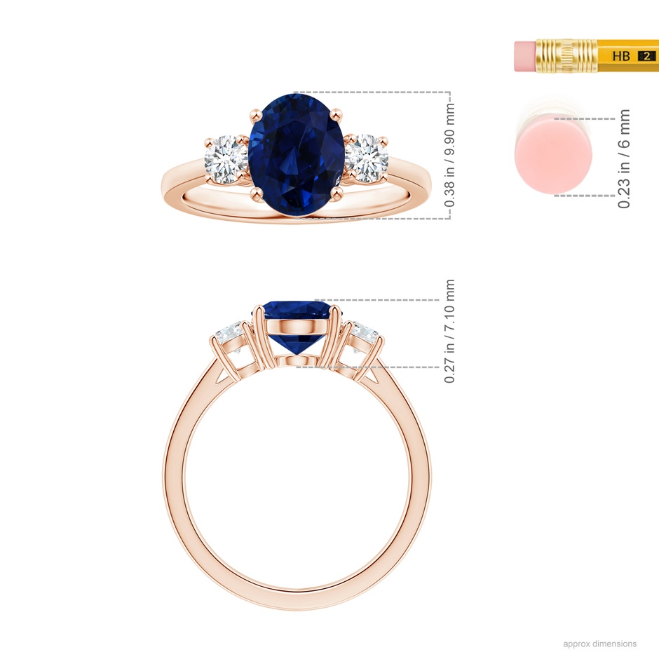 9.94x8.61x6.11mm AAA GIA Certified Oval Sapphire Three Stone Reverse Tapered Shank Ring with Diamonds in Rose Gold ruler