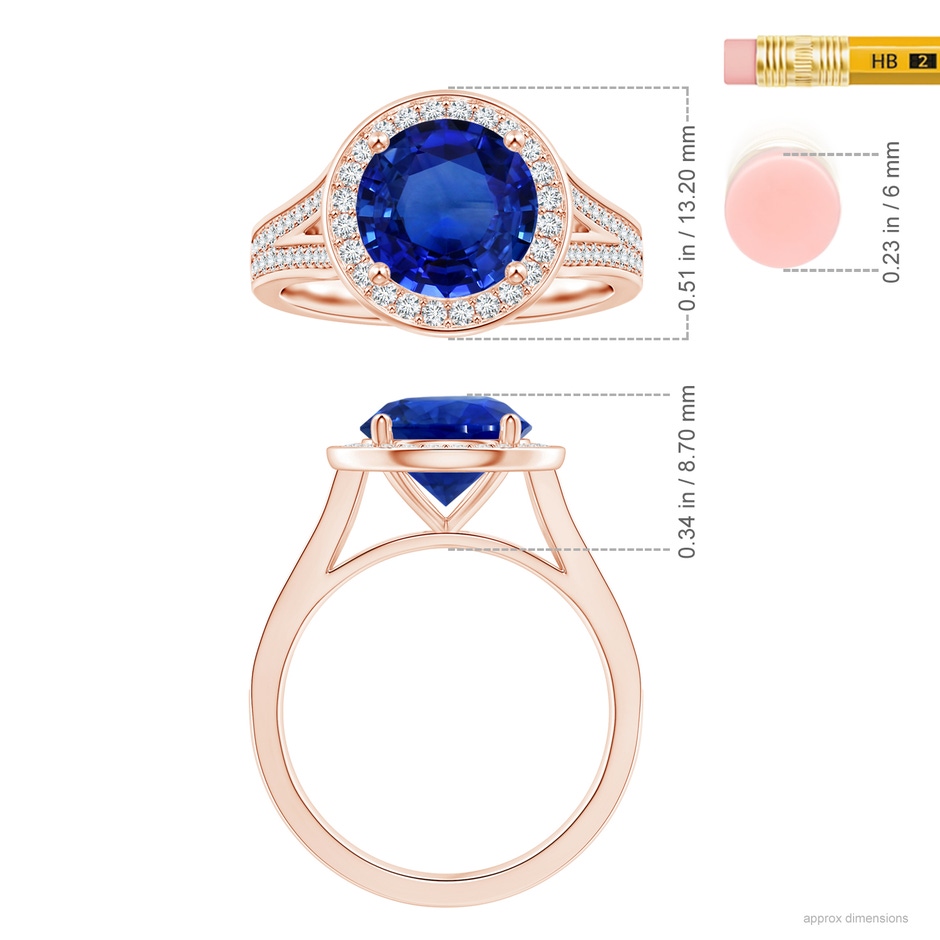 8.55x8.53x4.49mm AAA GIA Certified Round Blue Sapphire Single Halo Ring with Split Shank in 18K Rose Gold ruler
