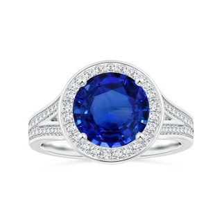 8.55x8.53x4.49mm AAA GIA Certified Round Blue Sapphire Single Halo Ring with Split Shank in P950 Platinum