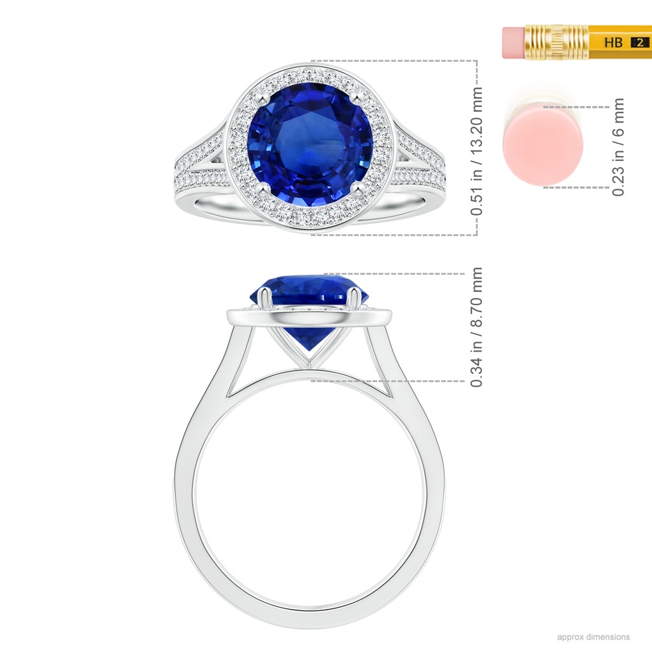 8.55x8.53x4.49mm AAA GIA Certified Round Blue Sapphire Single Halo Ring with Split Shank in P950 Platinum Ruler