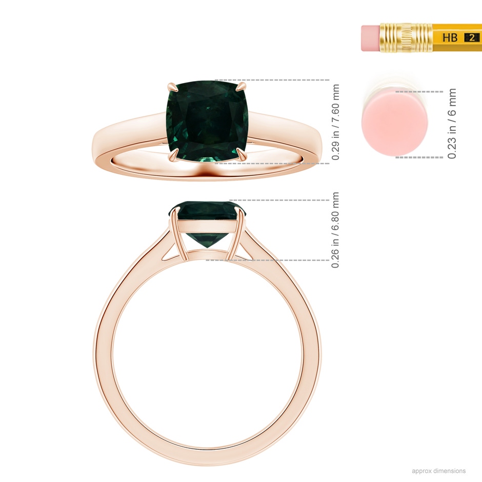 7.67x7.57x5.80mm AA Claw-Set GIA Certified Cushion Teal Sapphire Solitaire Ring in 9K Rose Gold ruler