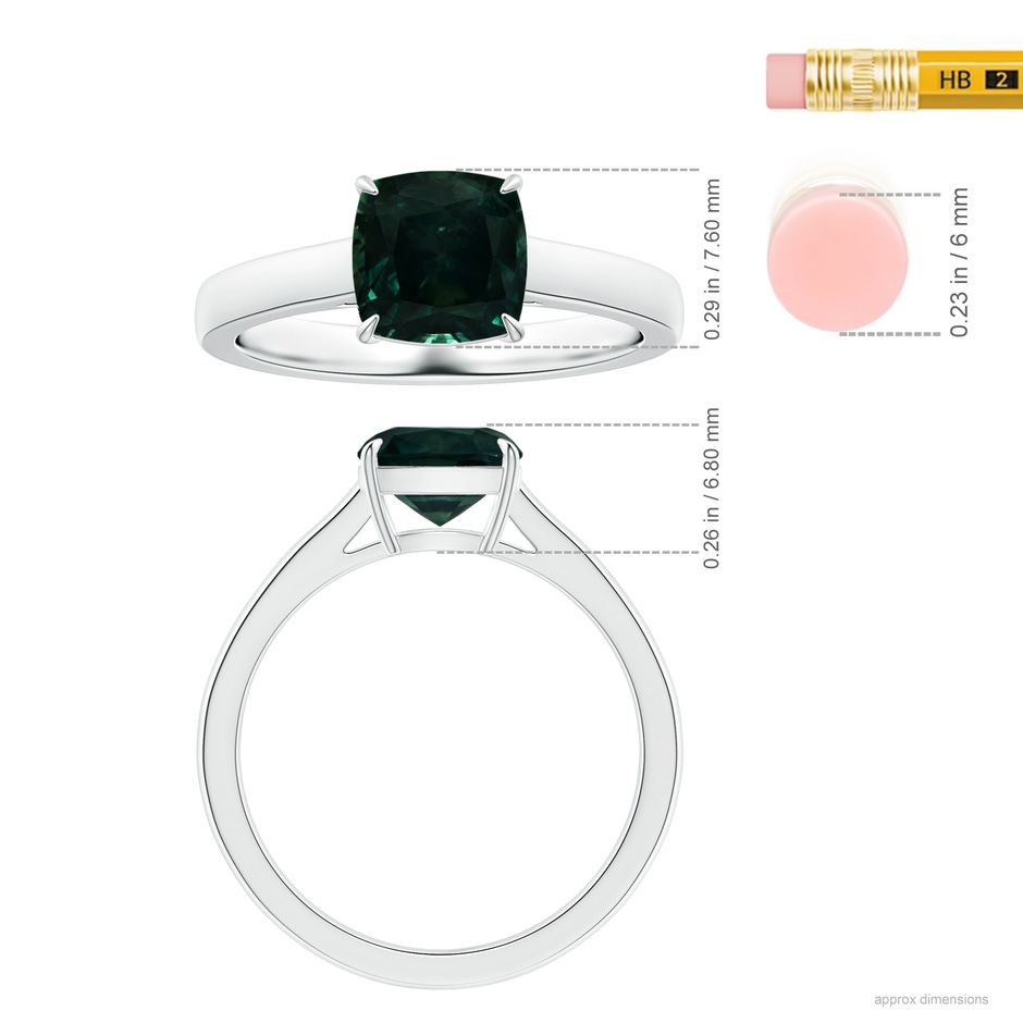 7.67x7.57x5.80mm AA Claw-Set GIA Certified Cushion Teal Sapphire Solitaire Ring in White Gold ruler