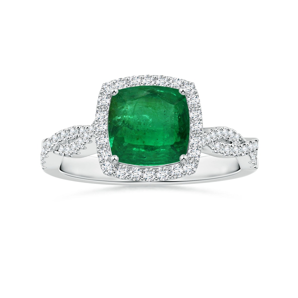 8mm AA GIA Certified Cushion Emerald Halo Ring with Diamond Twist Shank in White Gold