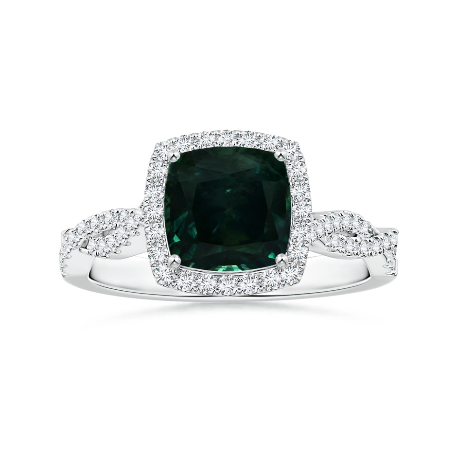 7.67x7.57x5.80mm AA GIA Certified Cushion Teal Sapphire Halo Twisted Shank Ring with Diamonds in P950 Platinum 