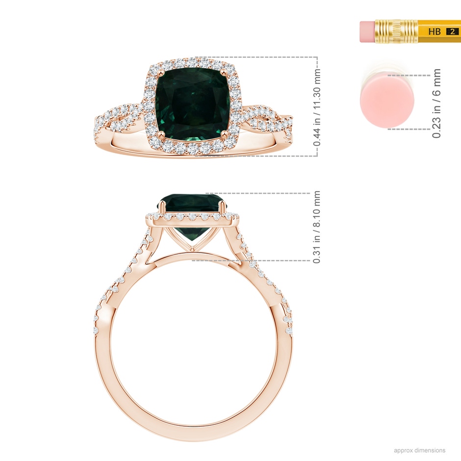 7.67x7.57x5.80mm AA GIA Certified Cushion Teal Sapphire Halo Twisted Shank Ring with Diamonds in Rose Gold ruler