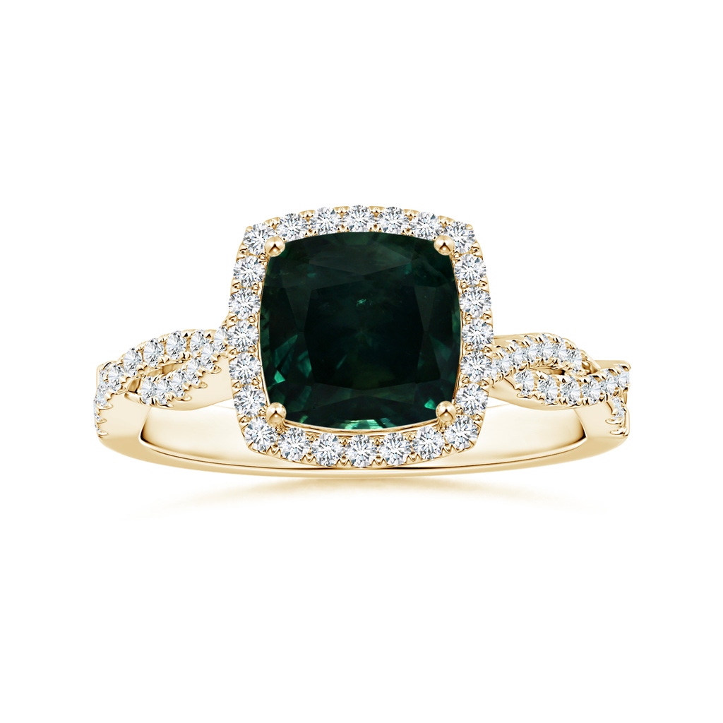 7.67x7.57x5.80mm AA GIA Certified Cushion Teal Sapphire Halo Twisted Shank Ring with Diamonds in Yellow Gold