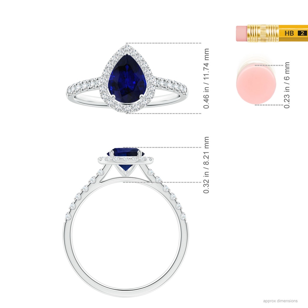 8.19x6.23x3.40mm AAA GIA Certified Pear-Shaped Blue Sapphire Halo Ring with Diamonds in 18K White Gold Ruler