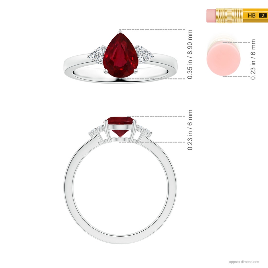 7.91x5.80x4.13mm AAAA GIA Certified Pear-Shaped Ruby Reverse Tapered Shank Ring with Diamonds in 18K White Gold ruler