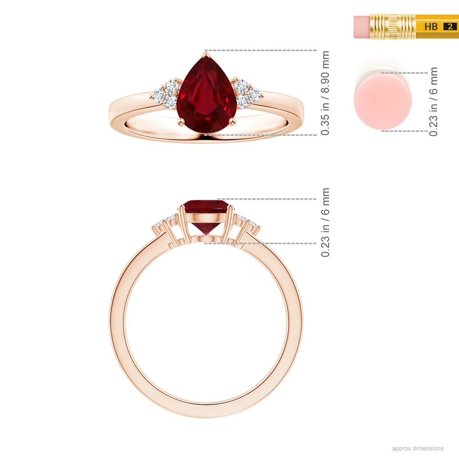7.91x5.80x4.13mm AAAA GIA Certified Pear-Shaped Ruby Reverse Tapered Shank Ring with Diamonds in Rose Gold ruler