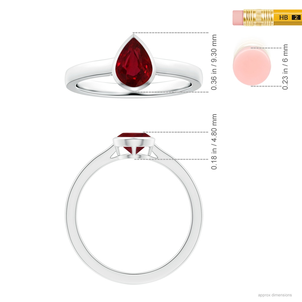 7.91x5.80x4.13mm AAAA Bezel-Set GIA Certified Pear-Shaped Ruby Solitaire Ring in 18K White Gold Ruler