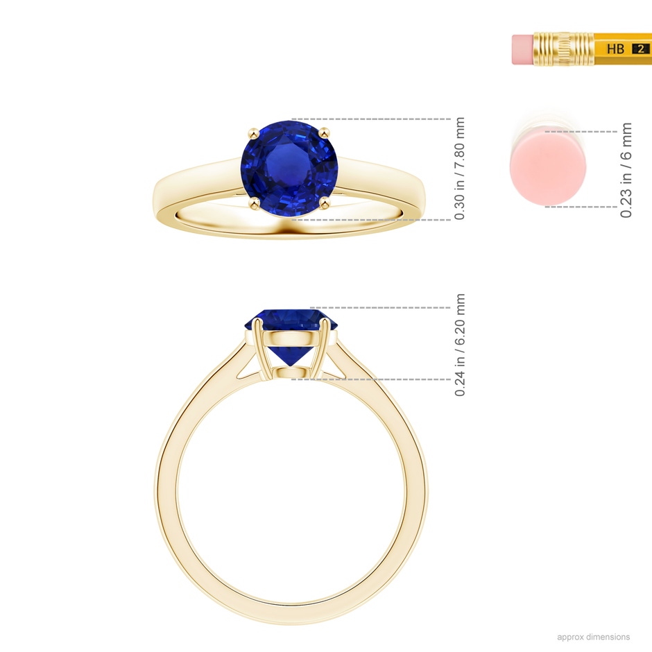7.87x7.87x4.57mm AAAA Prong-Set GIA Certified Round Blue Sapphire Solitaire Ring in 18K Yellow Gold ruler