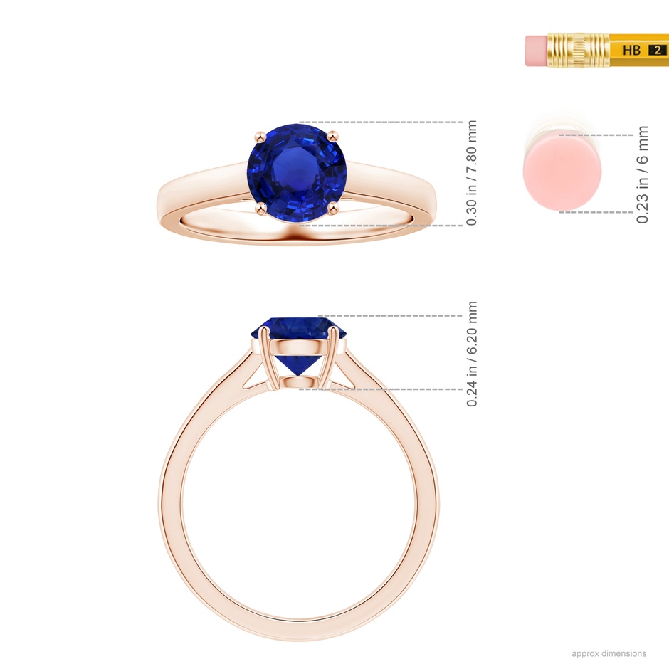 7.87x7.87x4.57mm AAAA Prong-Set GIA Certified Round Blue Sapphire Solitaire Ring in Rose Gold ruler