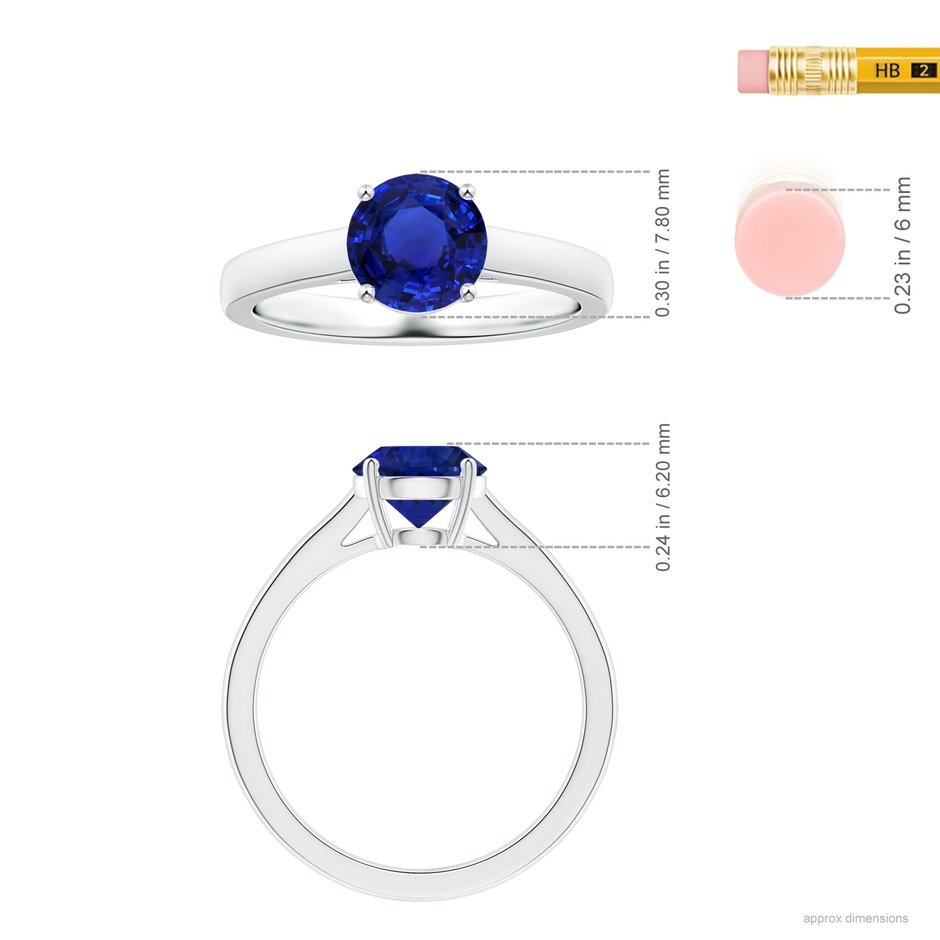 7.87x7.87x4.57mm AAAA Prong-Set GIA Certified Round Blue Sapphire Solitaire Ring in White Gold ruler