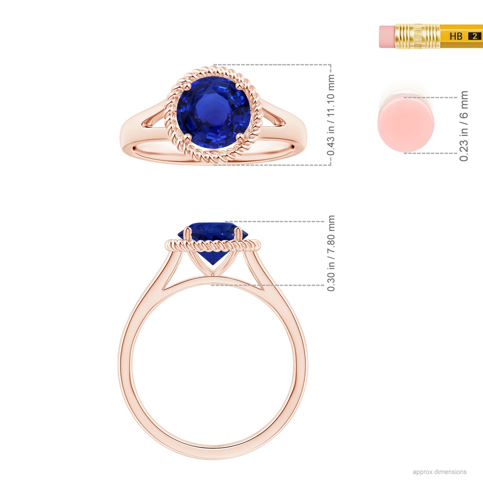7.87x7.87x4.57mm AAAA GIA Certified Round Blue Sapphire Halo Ring with Split Shank in 18K Rose Gold ruler